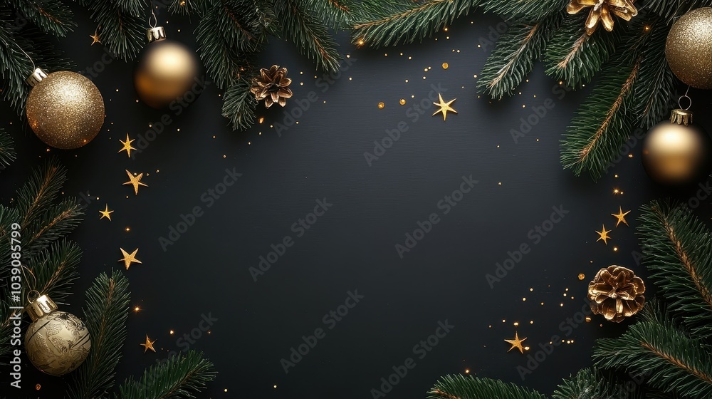 Festive Christmas Border with Pine Branches and Golden Decorations on Dark Background Festive Christmas Border with Pine Branches and Golden Decorations on Dark Background