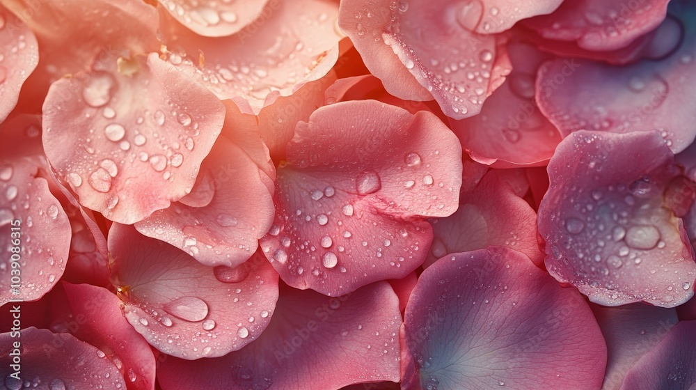 Aerial perspective of soft pink rose petals, fresh with dew drops, shining under soft light, capturing a pure and serene mood Aerial perspective of soft pink rose petals, fresh with dew drops, shining under soft light, capturing a pure and serene mood