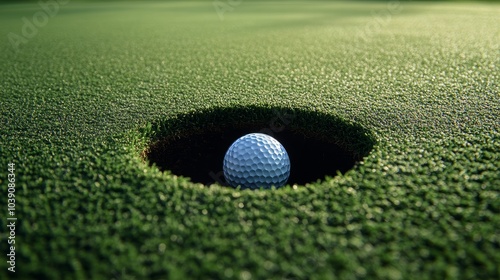 Focused macro view of a golf ball resting inside the hole on an immaculate green, sunlight casting soft shadows across the scene photo