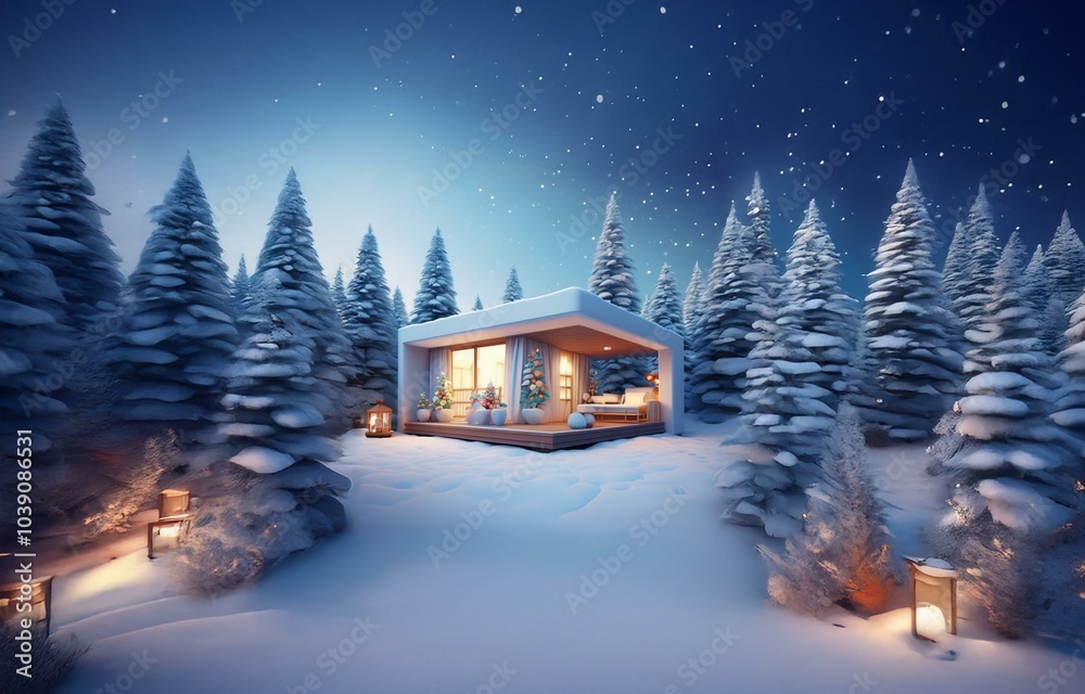 Fototapeta premium A cozy cabin nestled among snow-covered fir trees under a starry night sky.