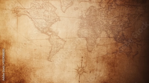 Fototapeta Naklejka Na Ścianę i Meble -  A close-up of a vintage world map with a compass, showing the continents and oceans in a faded and worn look.