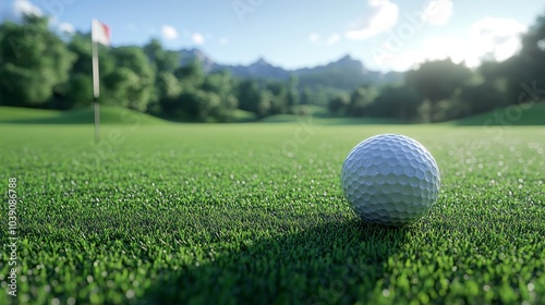 Crisp image of a flying golf ball, lush green fairway leading toward a distant flag, full of movement and precision. golf ball motion, dynamic sports photo