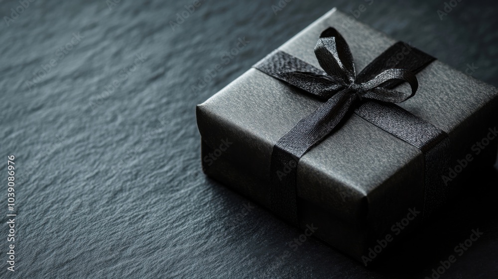Black gift box on dark surface with space for text Black gift box on dark surface with space for text