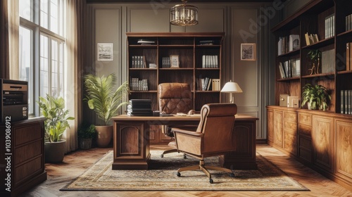 A classic, elegant home office with a large wooden desk, leather chair, and built-in bookshelves. The room is decorated with plants, artwork, and a warm, inviting color scheme.