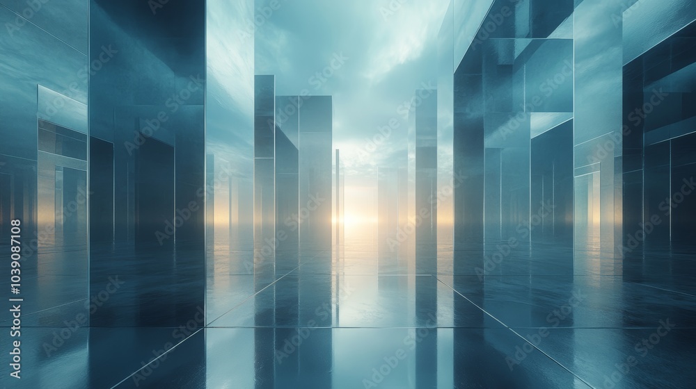 Floating transparent geometric prisms over a mirrored metallic surface, cool-toned lighting, soft reflections, minimalistic, futuristic, ethereal, sci-fi inspired Floating transparent geometric prisms over a mirrored metallic surface, cool-toned lighting, soft reflections, minimalistic, futuristic, ethereal, sci-fi inspired