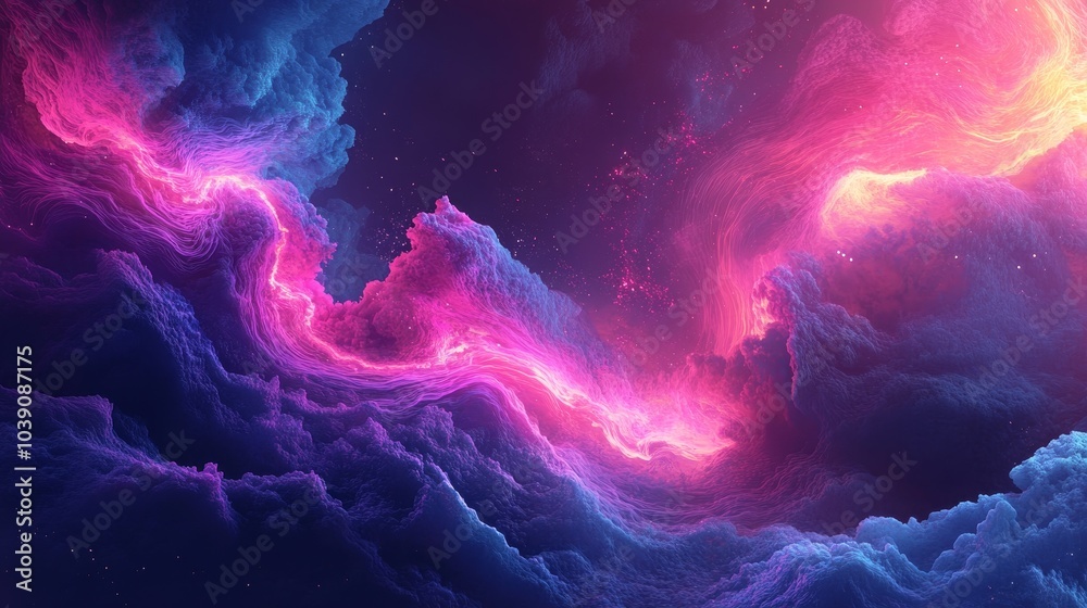 Flowing fractal lines in a psychedelic dreamscape, neon pinks and blues merging with dark voids, digital illustration, fluid shapes, futuristic and trippy aesthetic Flowing fractal lines in a psychedelic dreamscape, neon pinks and blues merging with dark voids, digital illustration, fluid shapes, futuristic and trippy aesthetic