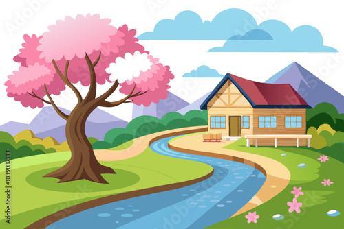  A house in the riverside a road going in the river . a chere blasom tree beautiful scenery