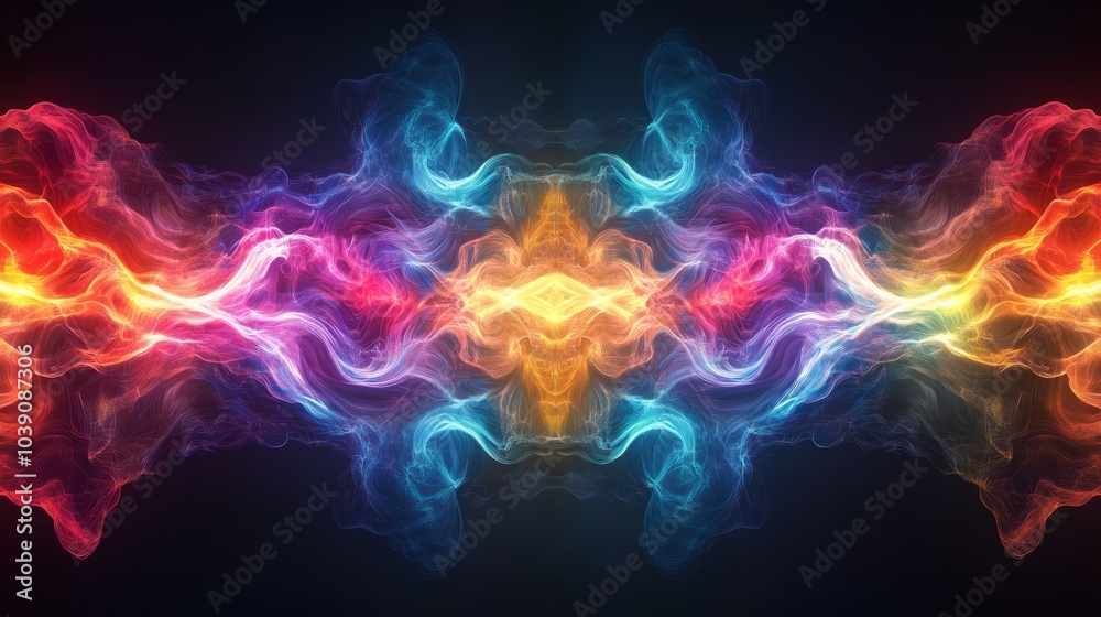 Fluid, organic shapes forming symmetrical waves, bright rainbow colors, neon lighting effect, digital illustration, high contrast Fluid, organic shapes forming symmetrical waves, bright rainbow colors, neon lighting effect, digital illustration, high contrast