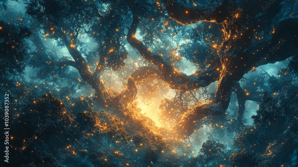Obraz premium Fractal vines intertwining in a celestial forest, shimmering hues of teal and gold, fantasy-style digital painting, high-contrast lighting, surreal dreamlike scene
