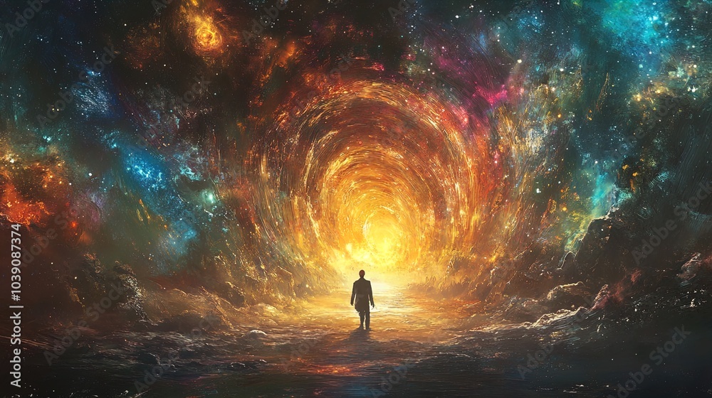 A solitary figure stands at the edge of a vast, cosmic landscape. The scene is dominated by swirling colors of deep blues, purples, and fiery oranges, creating a tunnel-like effect that draws the view A solitary figure stands at the edge of a vast, cosmic landscape. The scene is dominated by swirling colors of deep blues, purples, and fiery oranges, creating a tunnel-like effect that draws the view