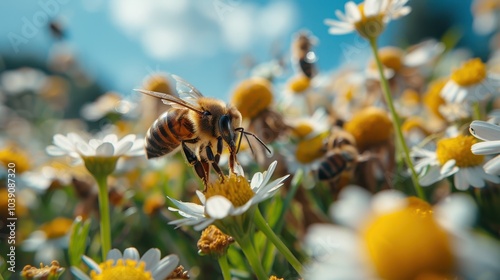 Worker bees in a flower field collecting nectar