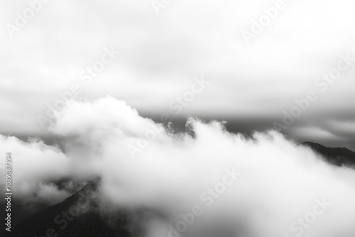 Black and White Mountain Landscape with Thick Fog