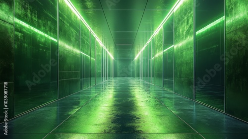 Futuristic corridor with mirrored walls and soft green lighting, infinite reflections creating a sense of distortion, minimalistic, 3D rendering, high-detail