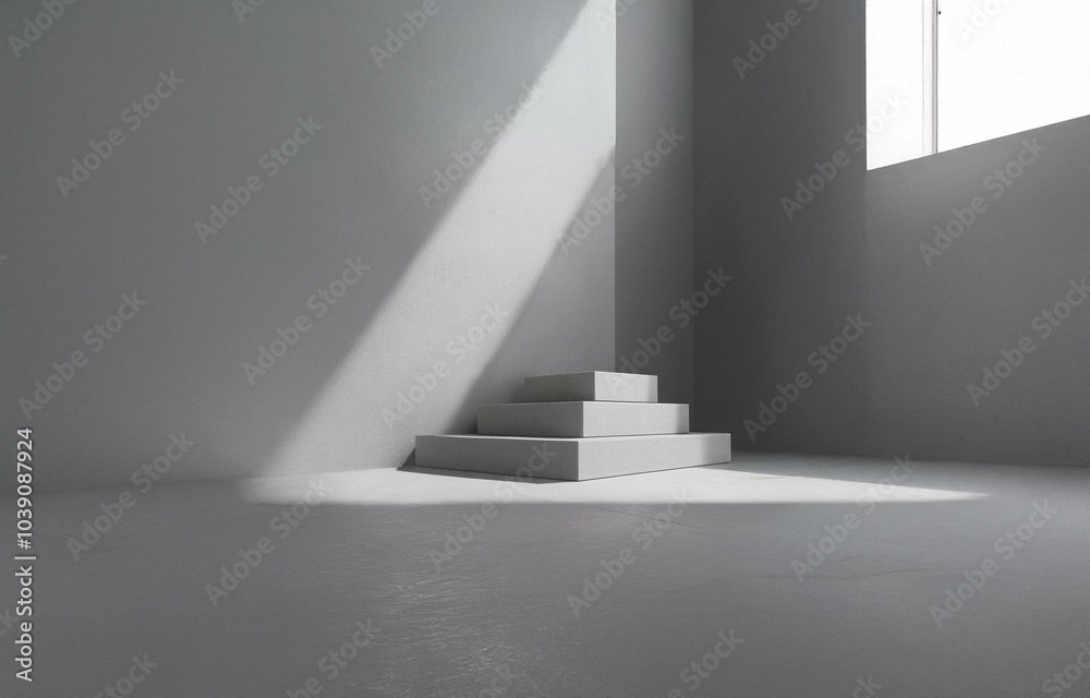 Obraz premium Three white rectangular platforms sit in the corner of a room with sunlight shining through a window.