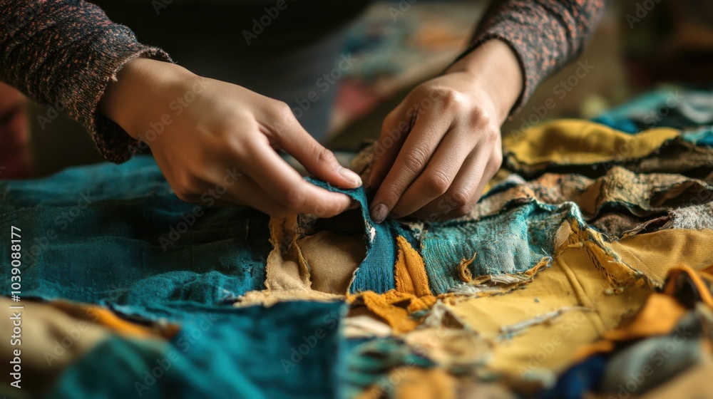 Person mending torn clothing promoting sustainable fashion Person mending torn clothing promoting sustainable fashion