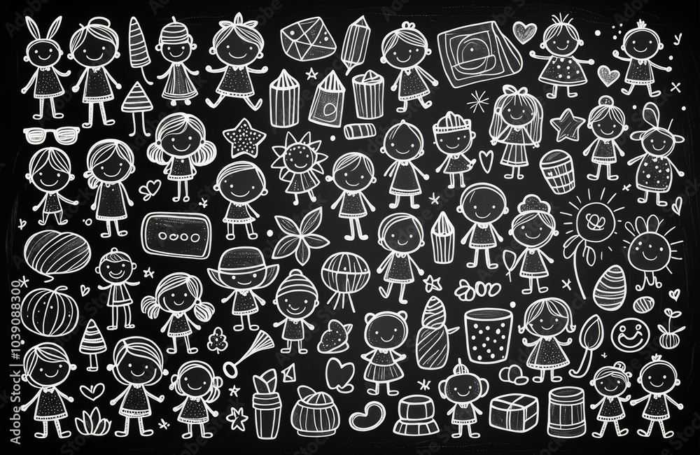Hand-Drawn Chalk Characters on Dark Background with Rough Textures Hand-Drawn Chalk Characters on Dark Background with Rough Textures