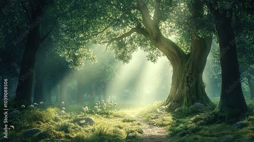 Sunlight streams through the trees in a dense forest, illuminating a path through the foliage. Sunlight streams through the trees in a dense forest, illuminating a path through the foliage.
