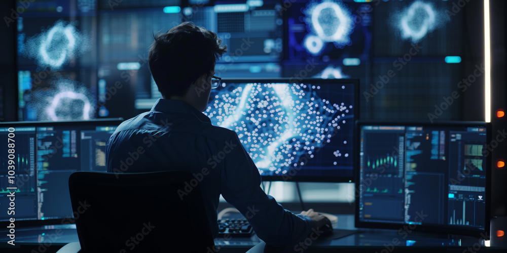 Data scientist analyzing big data technology and predicting future plans. Data mining and artificial intelligence Data scientist analyzing big data technology and predicting future plans. Data mining and artificial intelligence