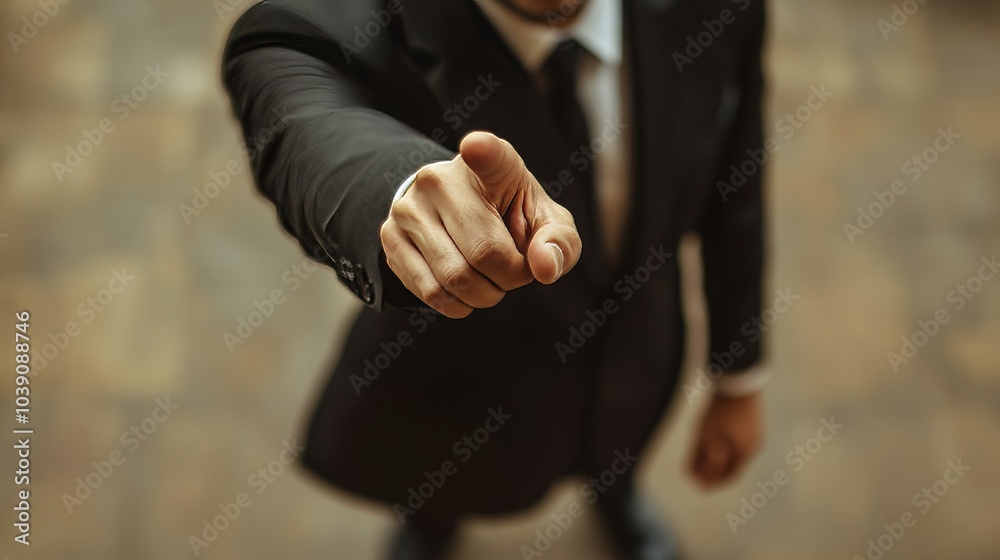 Fototapeta premium Top-down angle of a corporate businessman gesturing with one finger, indicating importance, lots of negative space, soft lighting, realistic hues