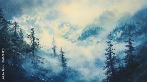 A serene landscape featuring a misty forest scene. Tall evergreen trees rise prominently from the fog-laden ground, their silhouettes dark against the light mist. The background is filled with soft hu photo