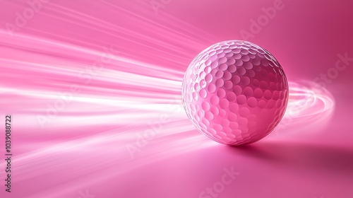 A realistic 3D golf ball in mid-bounce, trailing a pink light streak as it moves through a soft-focus pink-tinted background, emphasizing motion and texture