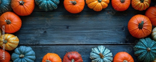 Colorful autumn pumpkins arranged on a wooden background, vibrant fall decor.