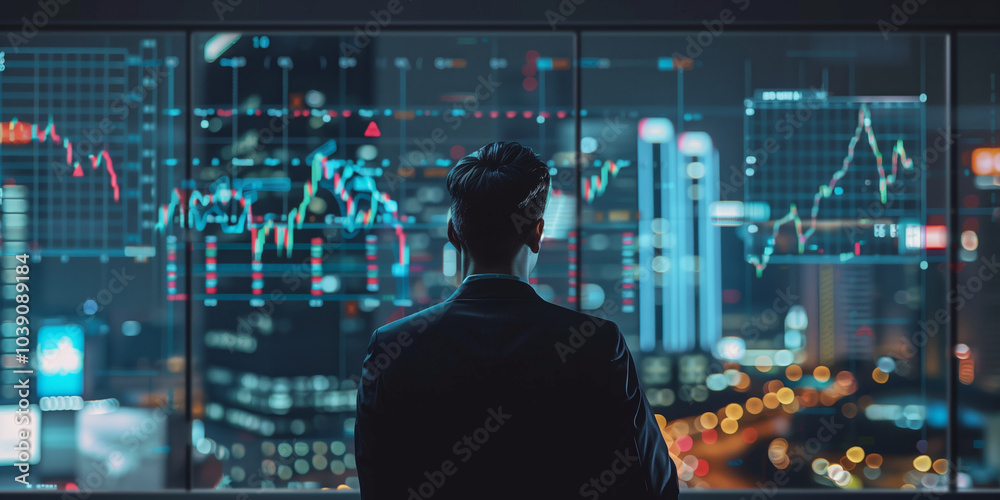 Financial stock trader analyzing market uncertainty. Technical analysis of stock market trading Financial stock trader analyzing market uncertainty. Technical analysis of stock market trading