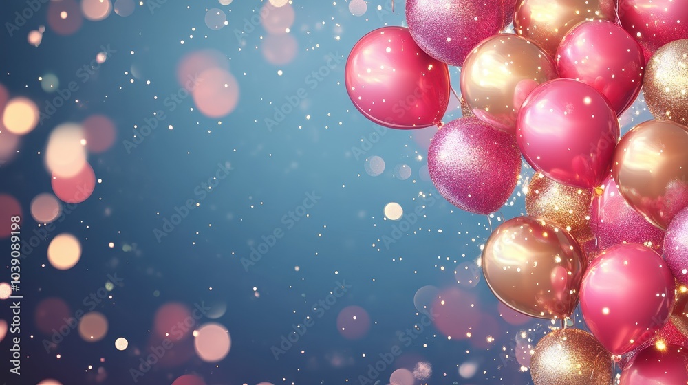 Vibrant Celebration with Pink and Gold Balloons Amid Gentle Sparkling Lights