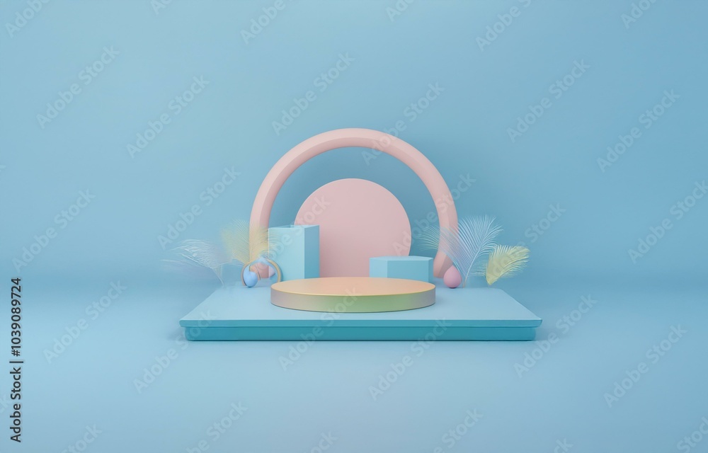 Pastel blue and pink geometric shapes and a golden cylinder on a platform against a blue background. Pastel blue and pink geometric shapes and a golden cylinder on a platform against a blue background.