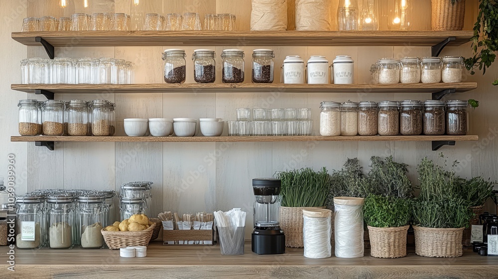 Shelves adorned with sustainable packaging, compostable wraps, and glass containers, natural wood accents, soft ambient lighting, calm and organic atmosphere Shelves adorned with sustainable packaging, compostable wraps, and glass containers, natural wood accents, soft ambient lighting, calm and organic atmosphere