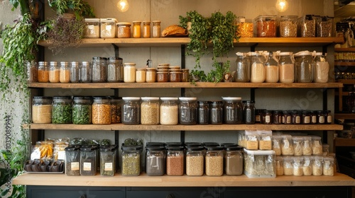 Shelves adorned with sustainable packaging, compostable wraps, and glass containers, natural wood accents, soft ambient lighting, calm and organic atmosphere