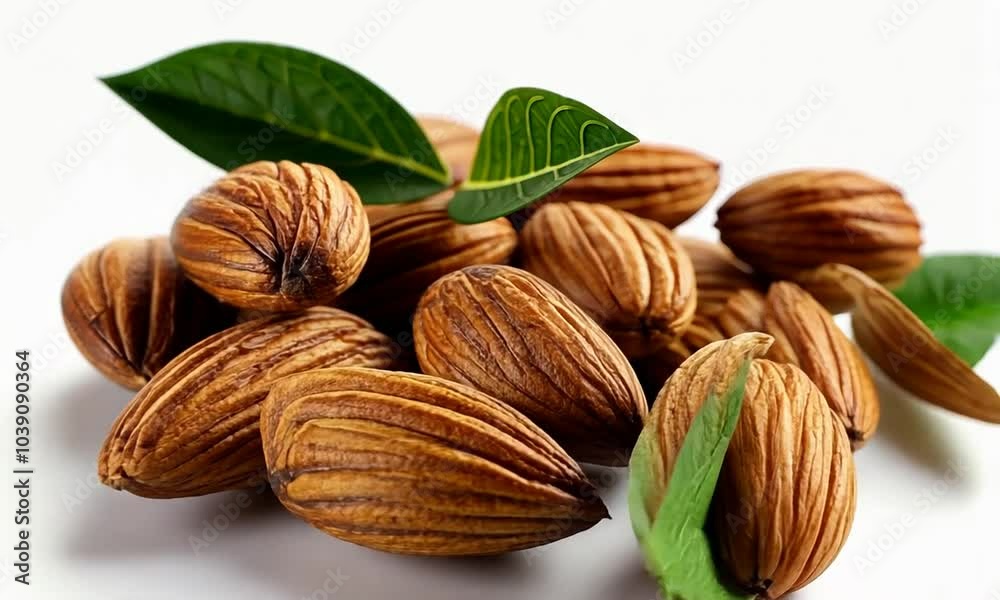 A cluster of almonds with green leaves on a white background.