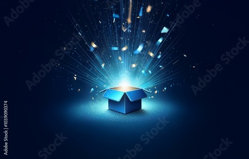 A blue gift box open with a bright light bursting out, surrounded by golden and blue confetti on a dark blue background.