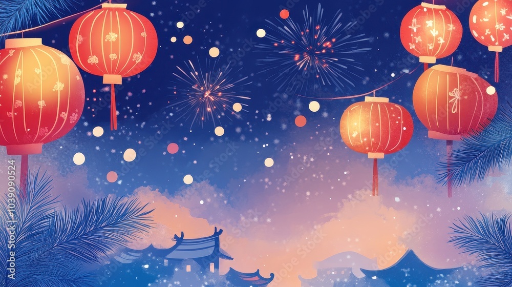 Vibrant Lanterns and Fireworks Illuminate a Festive Night Sky Celebration Vibrant Lanterns and Fireworks Illuminate a Festive Night Sky Celebration