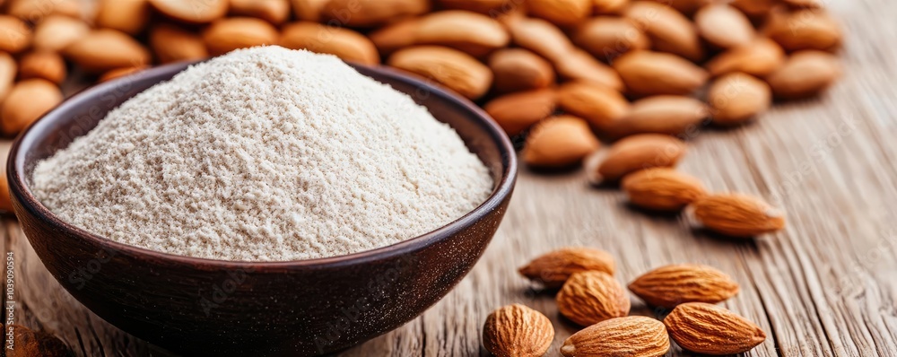 Almond flour in a bowl surrounded by whole almonds on a rustic wooden table. Almond flour in a bowl surrounded by whole almonds on a rustic wooden table.