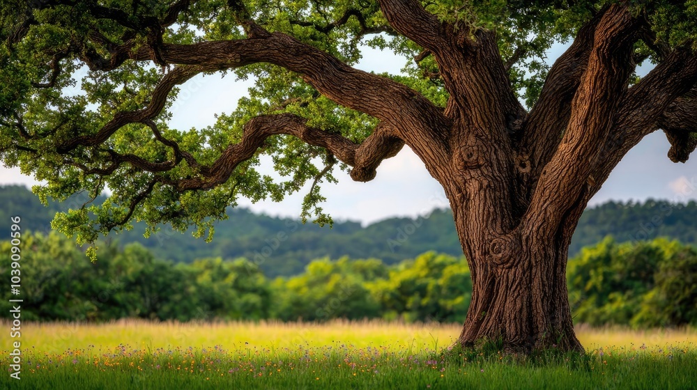 Majestic tree standing tall in a lush green meadow under a clear blue sky. Majestic tree standing tall in a lush green meadow under a clear blue sky.