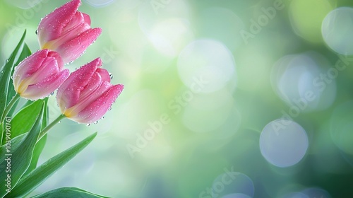   Three pink tulips with water droplets dotted on their petals, set against a blurred backdrop of green foliage