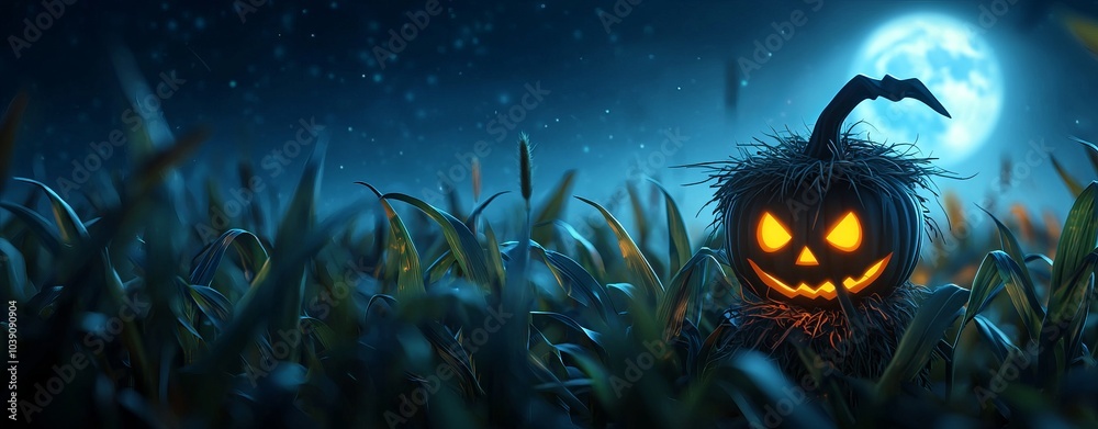 Fototapeta premium A spooky pumpkin illuminated at night, surrounded by tall grass, with a glowing moon casting an eerie glow in the background.