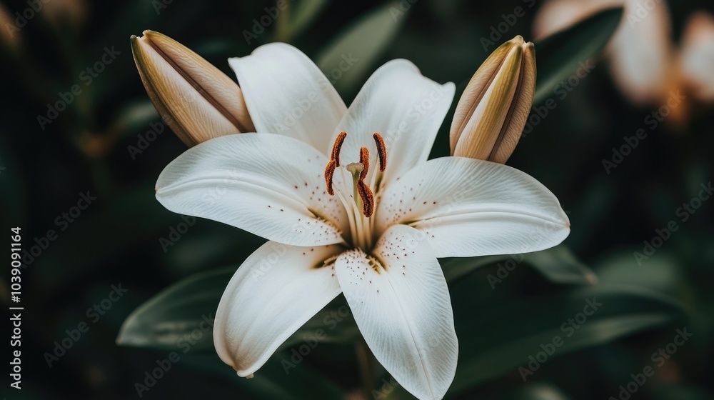 Fototapeta premium Elegant White Lily Blooming in a Garden Setting