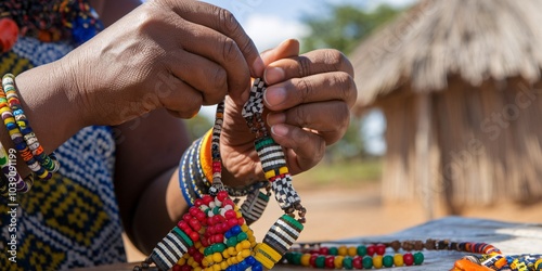 Swazi Beadwork in Eswatini. A close-up of a Swazi artisan's hands carefully threading beads into a traditional necklace. photo