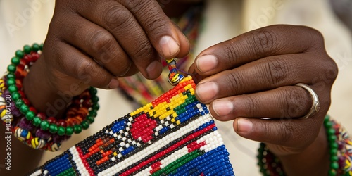 Swazi Beadwork in Eswatini. A close-up of a Swazi artisan's hands carefully threading beads into a traditional necklace. photo