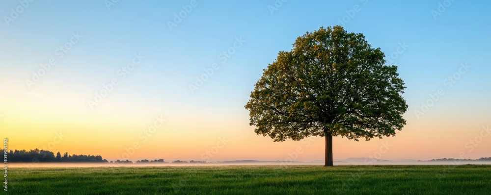 Obraz premium Lone tree against a colorful sunset, surrounded by lush greenery.