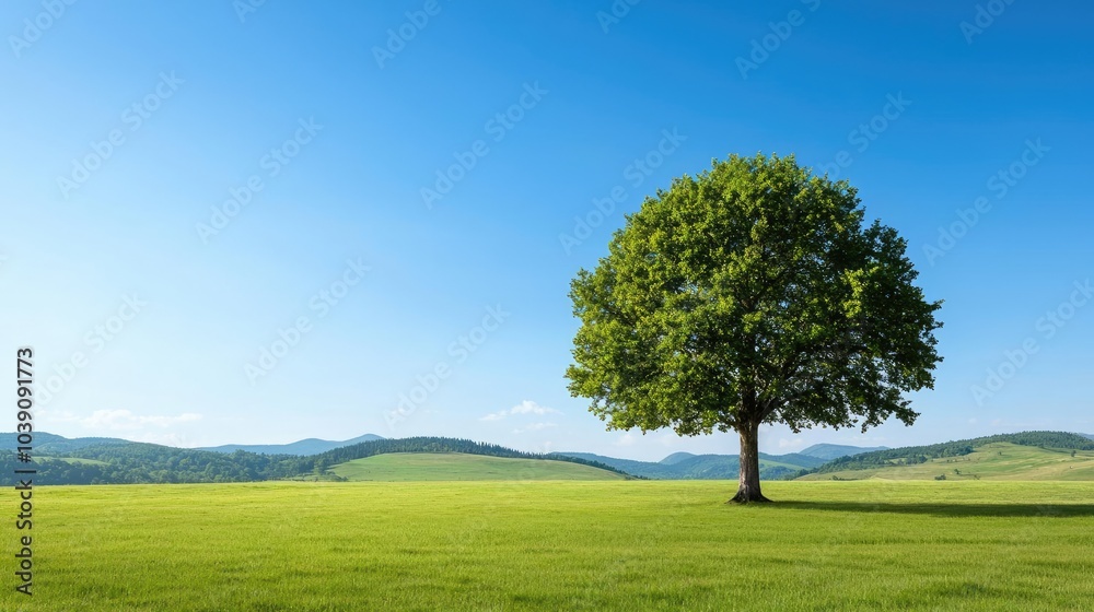 Isolated tree on a green field with clear blue sky, ideal for nature concepts. Isolated tree on a green field with clear blue sky, ideal for nature concepts.