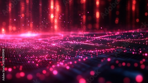 Abstract digital landscape with glowing particles and lines.