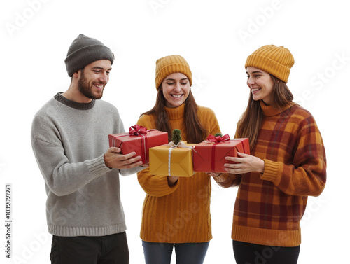 Amigos celebrando o Natal com alegria! Um grupo diverso de jovens sorrindo e trocando presentes, em um fundo transparente photo