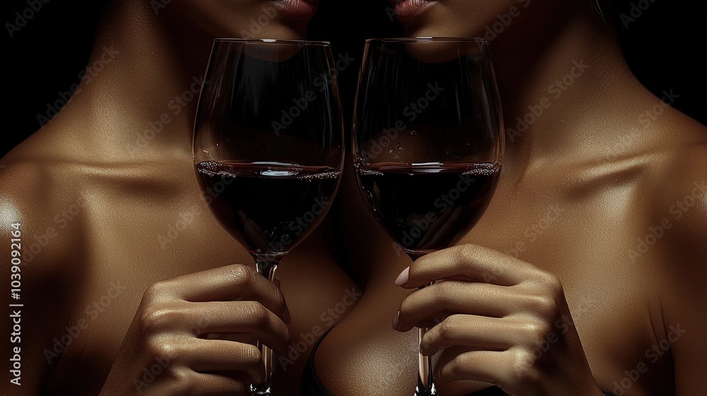 Women Toasting With Red Wine Glamour Sensual Dark Background Close up Women Toasting With Red Wine Glamour Sensual Dark Background Close up
