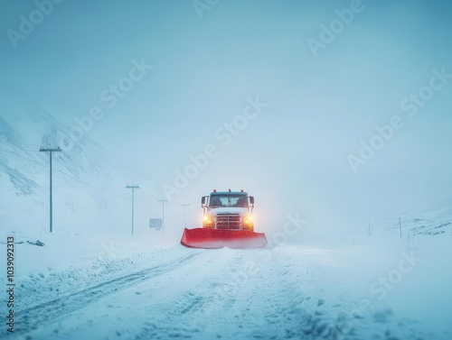 Snowplow clearing a heavy snowstorm on a mountain pass, dramatic lighting from the vehicle s headlights, wide shot from a low angle photo