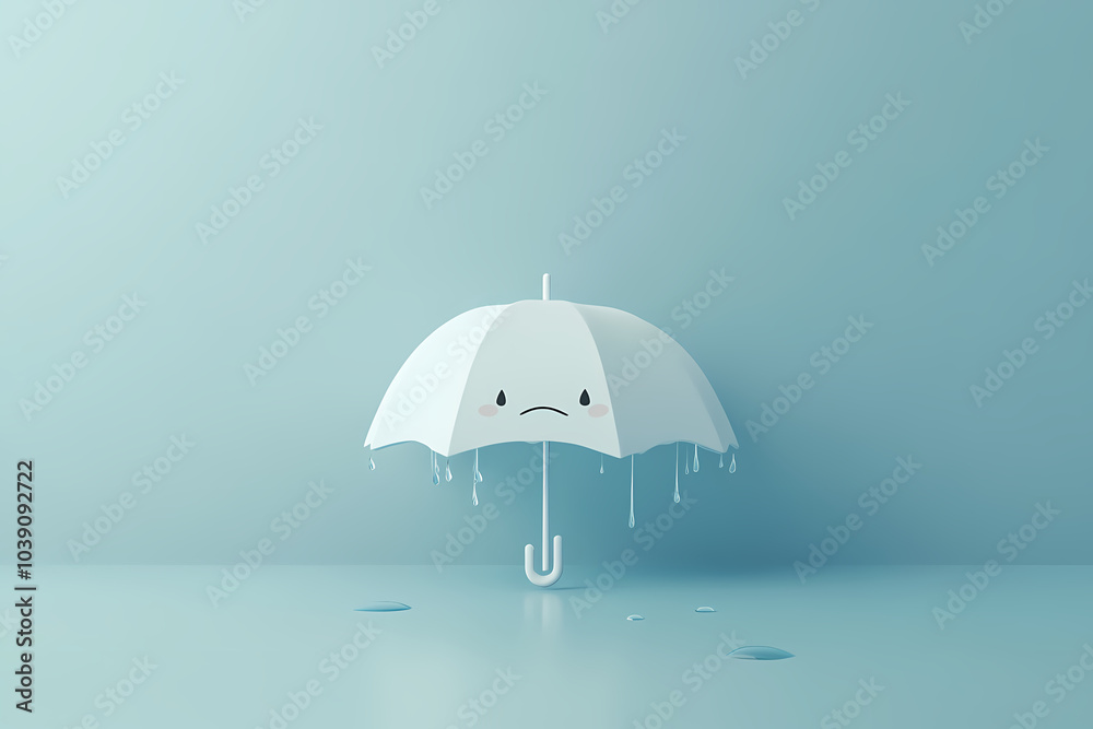 3D render of a sad, cute cartoon raindrop character under an umbrella on a light blue background with copy space, 2/4 space for text, banner design, minimal concept, studio lighting, shar  AI Editing.