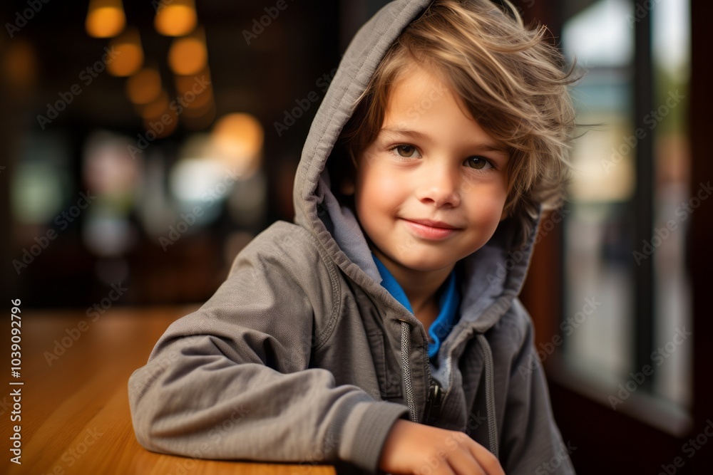 portrait of little boy with hooded sweatshirt at the cafe portrait of little boy with hooded sweatshirt at the cafe