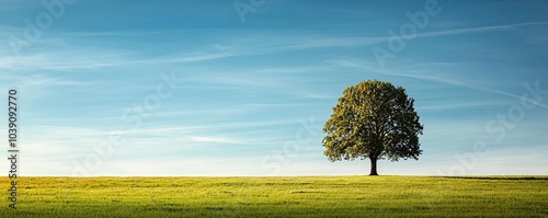 Lone tree on a vibrant green field against a clear blue sky.